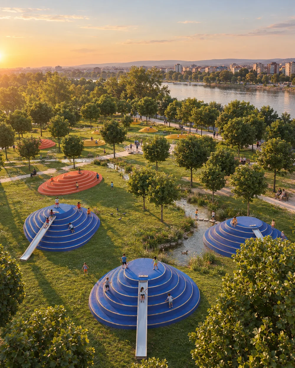 The same park as an AI-assisted concept image: blue, coral and yellow stepped hills with slides among trees by the river at sunset.
