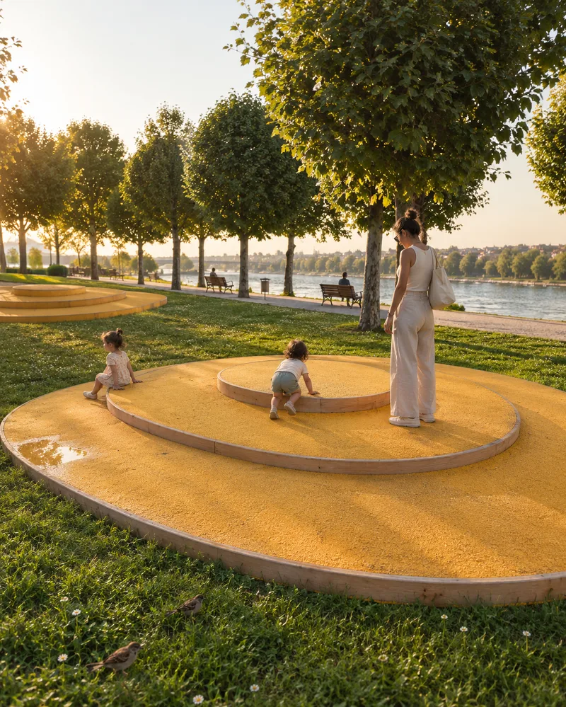 Detail of the toddlers' yellow hill with three soft steps.